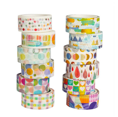 Set of colorful washi tape rolls with various patterns on a white background