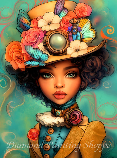 "Stylized girl in steampunk fashion with curly hair, wearing a decorative hat adorned with roses, butterflies, gears, and a glowing monocle"