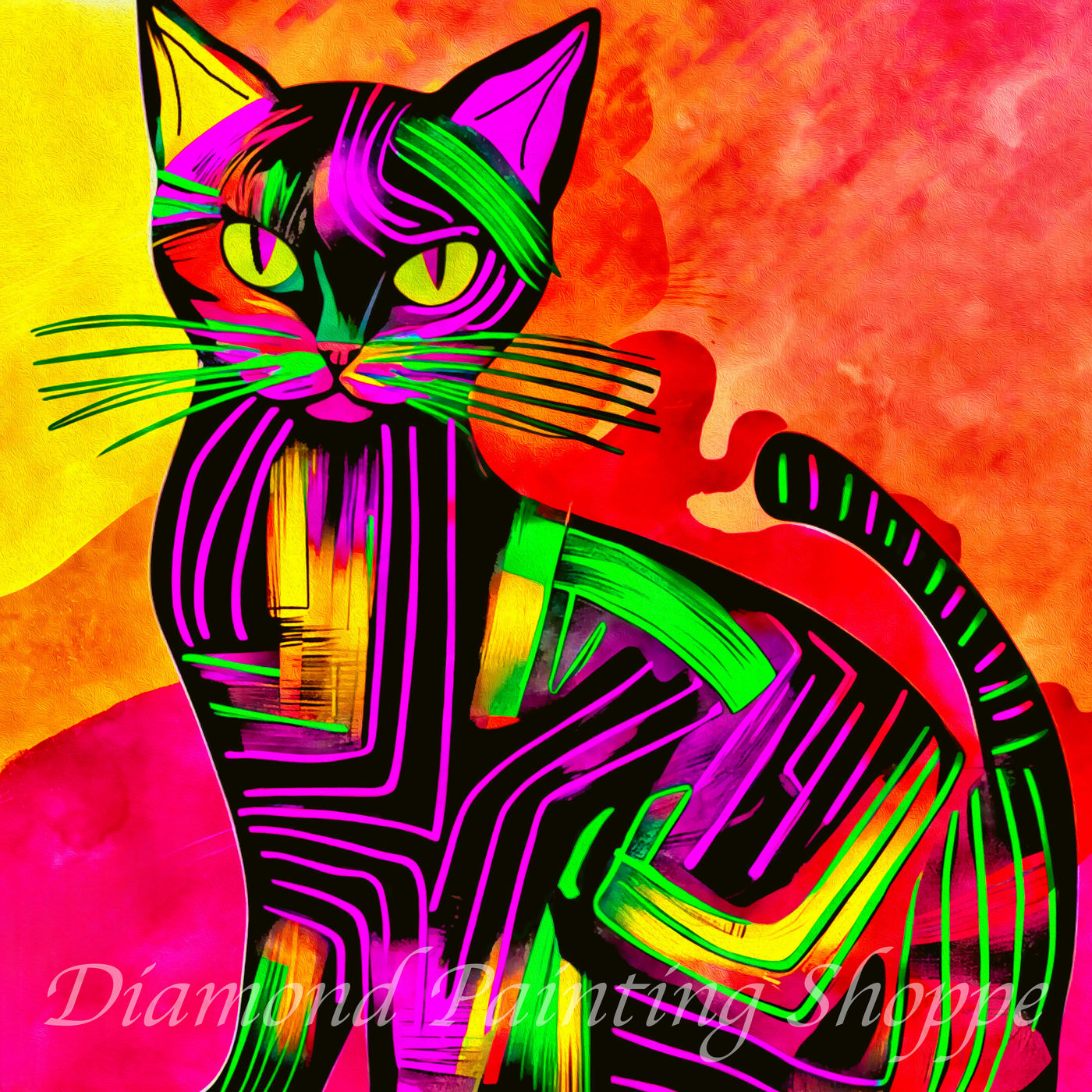 Abstract neon cat in vivid pink, green, and yellow tones against a warm red and orange background, geometric line art style – Diamond Painting Shoppe “Felipe” kit.
