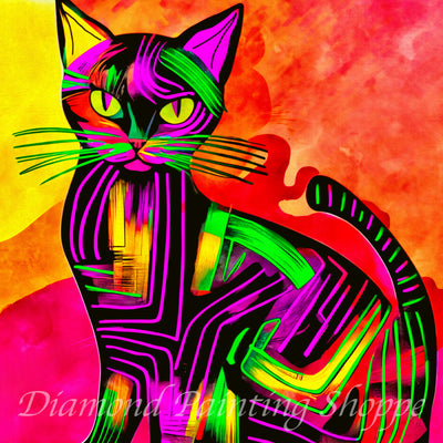 Abstract neon cat in vivid pink, green, and yellow tones against a warm red and orange background, geometric line art style – Diamond Painting Shoppe “Felipe” kit.