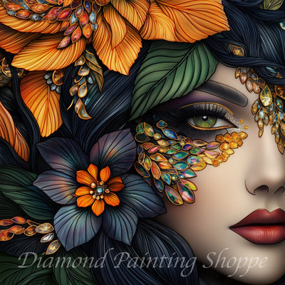 Highly detailed diamond painting illustration of a mysterious woman’s face adorned with vibrant floral elements, gem-like embellishments, and rich colors such as orange, emerald green, and deep indigo. A captivating portrait representing fantasy and elegance.