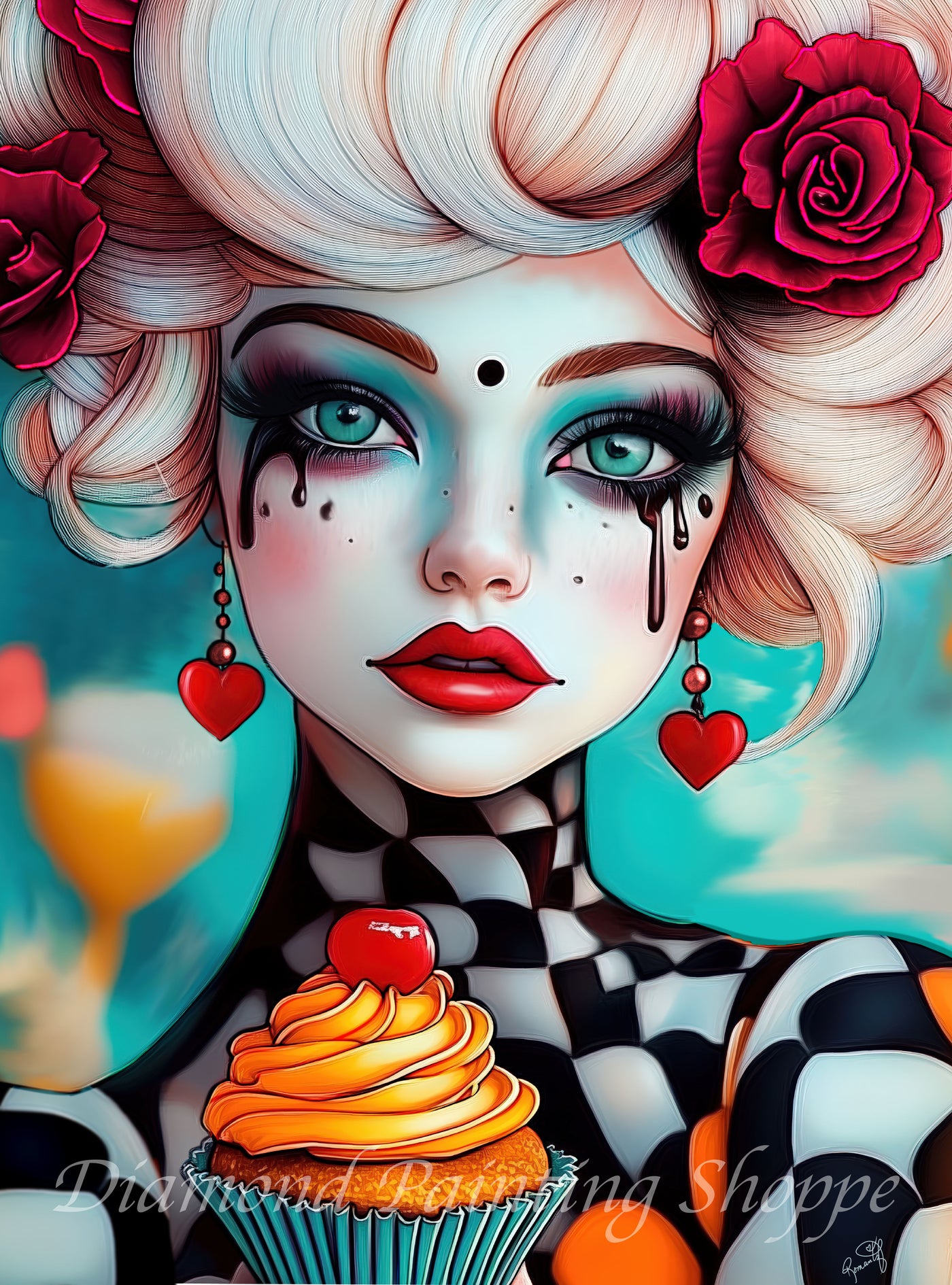 "PopCakes - Celia diamond painting kit featuring a surreal pop art woman with dramatic eye makeup, rose-adorned hair, heart earrings, and a cupcake topped with a cherry"

