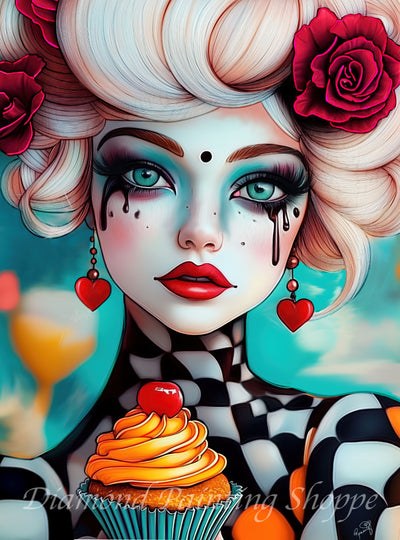 "PopCakes - Celia diamond painting kit featuring a surreal pop art woman with dramatic eye makeup, rose-adorned hair, heart earrings, and a cupcake topped with a cherry"

