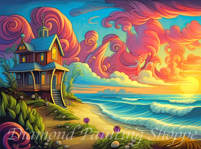 Whimsical diamond painting kit illustration of a tiny wooden house by the beach, colorful swirling sunset clouds, and ocean waves, titled “Big Dreams of Living Small”.