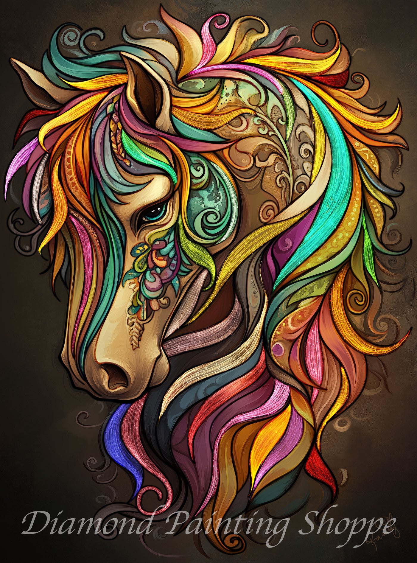 "Colorful stylized horse portrait with a vividly detailed mane in swirling rainbow hues, adorned in decorative fantasy patterns"