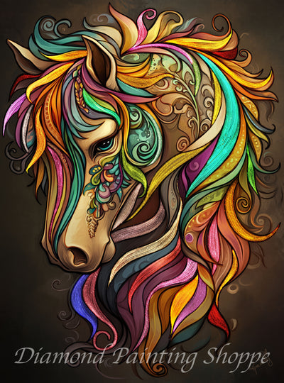 "Colorful stylized horse portrait with a vividly detailed mane in swirling rainbow hues, adorned in decorative fantasy patterns"
