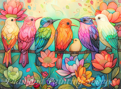 "Diamond painting kit featuring seven colorful birds sitting on a branch surrounded by vibrant blooming flowers in a whimsical art style."