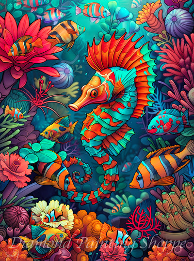 Colorful diamond painting featuring a vibrant orange and turquoise seahorse surrounded by tropical fish and coral in an underwater reef scene.