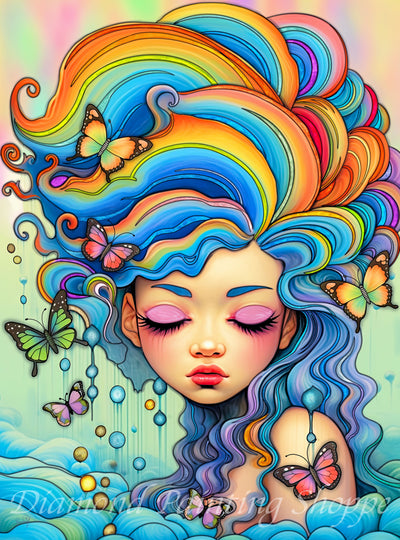 Colorful diamond painting of a serene girl with flowing rainbow hair, closed eyes, pink eyeshadow, surrounded by vibrant butterflies and sparkling dewdrops on a pastel background.