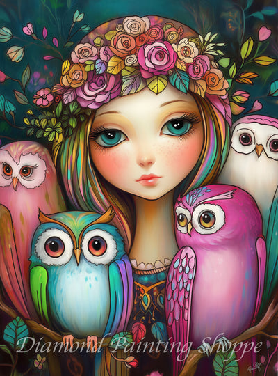 "A whimsical fantasy-style diamond painting illustration featuring a wide-eyed girl with teal eyes and flower crown surrounded by vibrant, colorfully stylized owls against a mystical forest background."