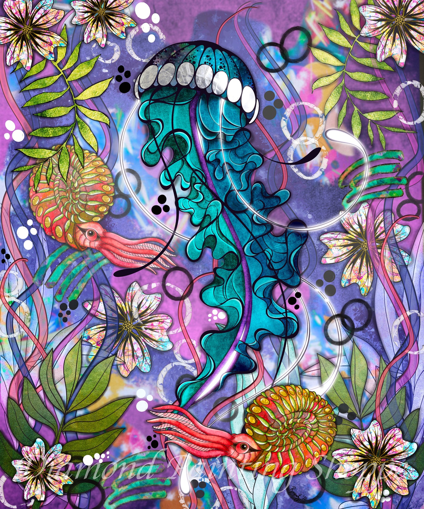 Vibrant diamond painting scene featuring a blue jellyfish, nautilus, and colorful flowers with green leaves on a purple background.