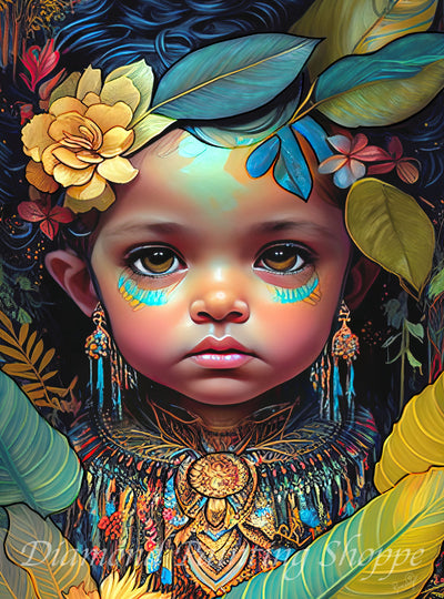 Vivid diamond painting of a young child with expressive brown eyes, decorated with turquoise and gold tribal face paint, surrounded by lush tropical leaves and vibrant floral adornments.
