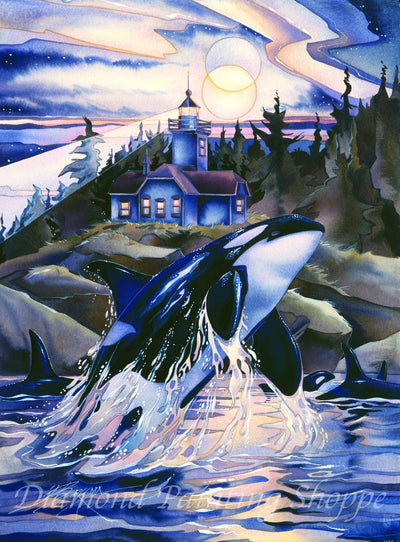 Diamond painting kit featuring an enchanting scene of orcas breaching in luminous waters with a glowing lighthouse and night sky in the background, rendered in vibrant blues, purples, and pastels.