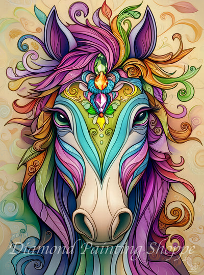Colorful diamond painting kit featuring a jeweled fantasy horse with a rainbow mane and gemstone-decorated face, set against a whimsical swirl background.

