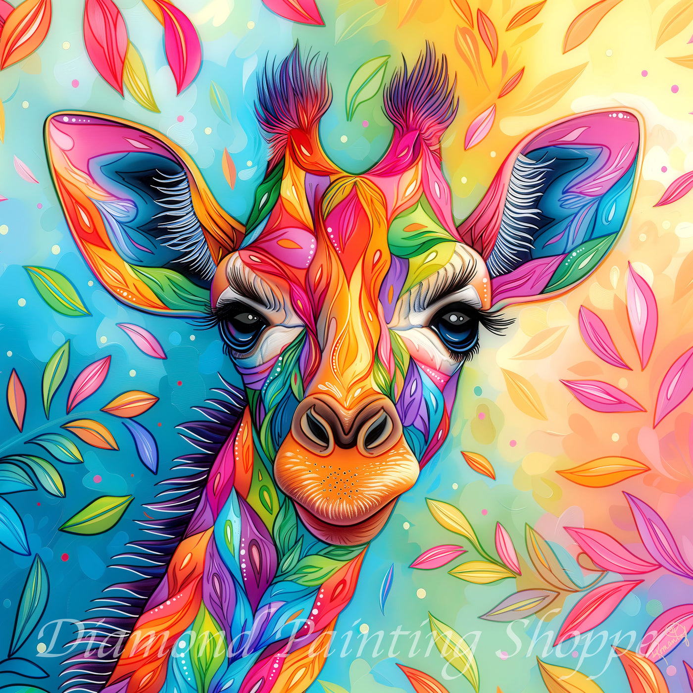 Bright and colorful diamond painting of a stylized giraffe with rainbow-patterned fur and vibrant leaves swirling around, against a sunny blue-yellow background.

