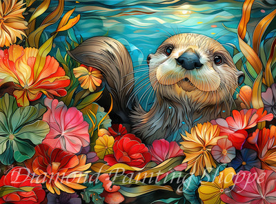 Whimsical diamond painting depicting a curious otter swimming among vibrant, jewel-toned underwater flowers with colorful aquatic plants and sunlight filtering through the water’s surface.