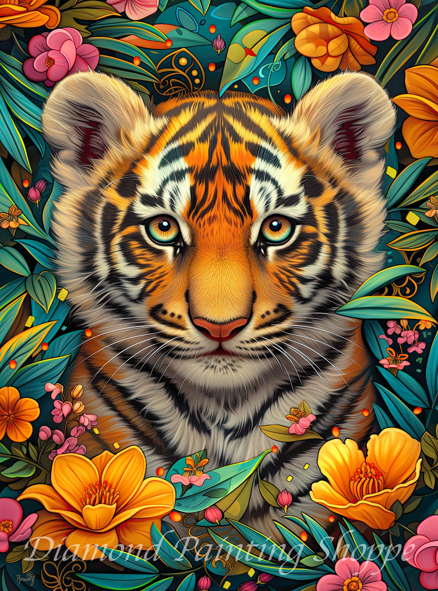 Colorful diamond painting of a baby tiger with golden-orange fur and piercing blue eyes, surrounded by vibrant tropical flowers and lush green leaves.

