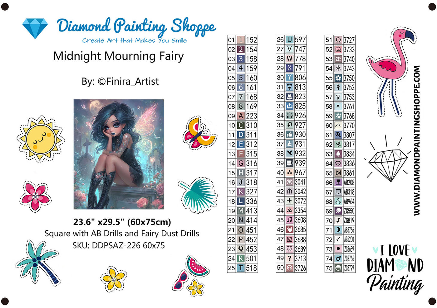 Diamond painting kit of a gothic fairy with dark blue hair, glowing wings, and tattoos, sitting among roses and gravestones in a moonlit, mystical cemetery.

