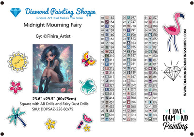 Diamond painting kit of a gothic fairy with dark blue hair, glowing wings, and tattoos, sitting among roses and gravestones in a moonlit, mystical cemetery.

