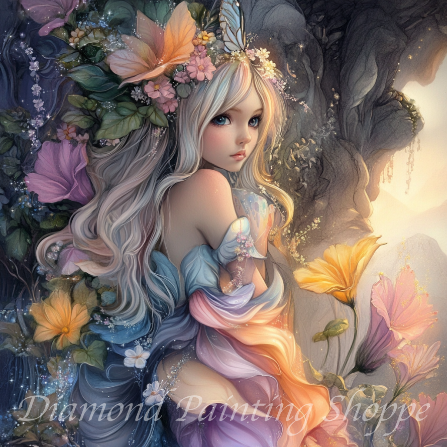 "Enchanted girl with long blonde hair, surrounded by pastel flowers and butterflies in a magical forest diamond painting design"