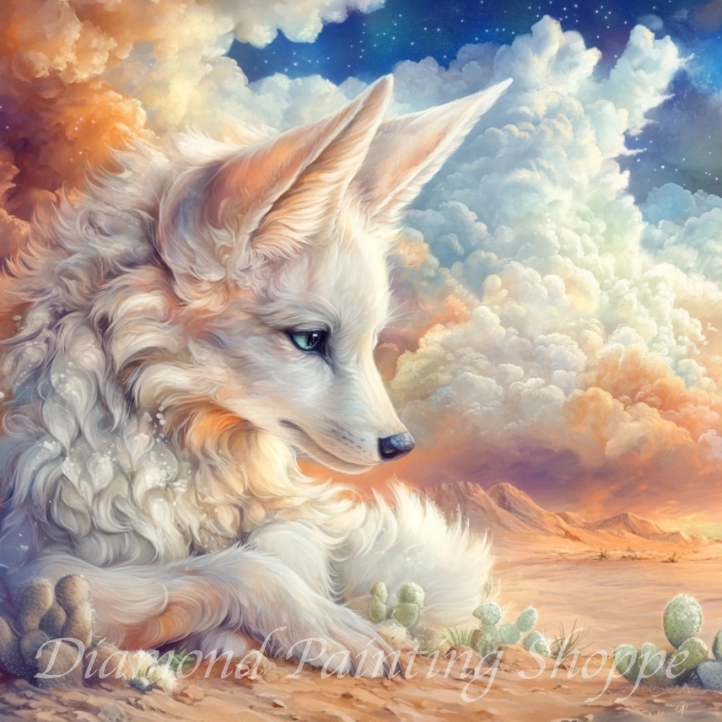 "Dreamy white fox resting in a magical desert landscape with pastel clouds, cactus, and starlit sky in diamond painting artwork"