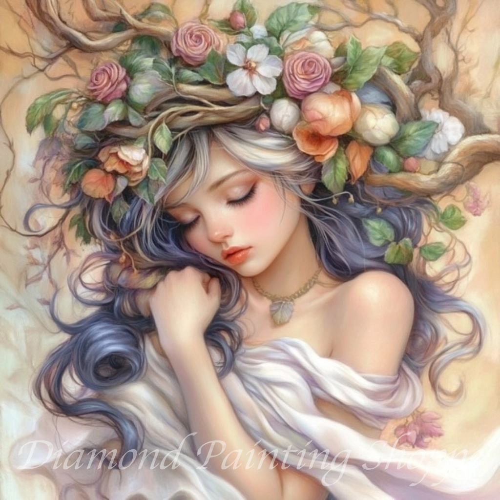"Sleeping forest maiden with floral crown made of vines, roses, and blossoms in a soft, nature-inspired fantasy diamond painting design"