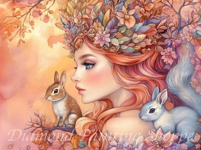 Fantasy girl with floral crown, flanked by a rabbit and squirrel in a dreamy woodland setting, in a warm pastel diamond painting artwork
