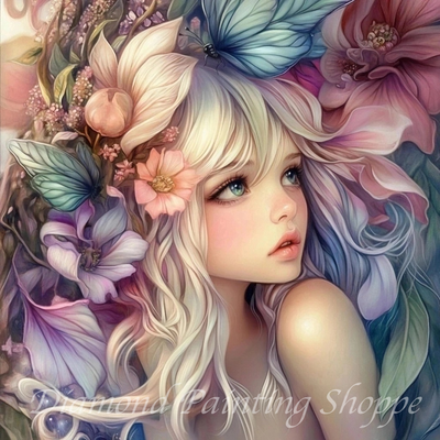 Blonde fantasy girl surrounded by soft pastel flowers and butterflies in an ethereal garden-style diamond painting design