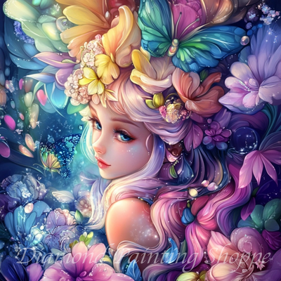 Fantasy girl with pastel hair surrounded by glowing flowers and butterflies in a vibrant, dreamlike diamond painting design