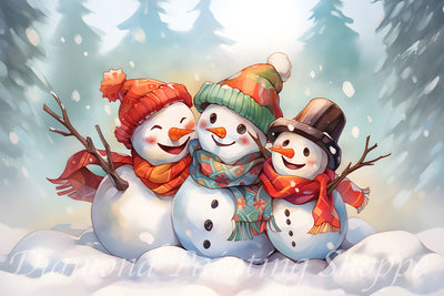 "Three joyful snowmen wearing colorful hats and scarves, hugging in a snowy forest scene in a cheerful holiday diamond painting design"