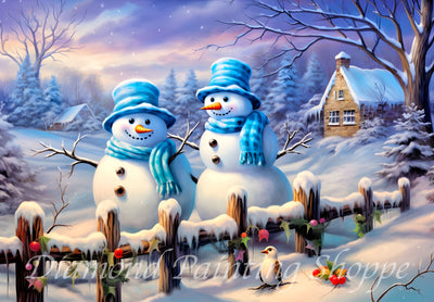 "Two snowmen in blue scarves and hats stand beside a wooden fence in a snowy twilight forest scene with a cozy house and small bird in foreground"