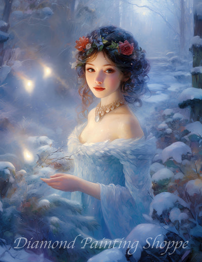 "Elegant fantasy woman in a snowy forest wearing a blue gown and floral crown, softly glowing with magical lights in a winter diamond painting"