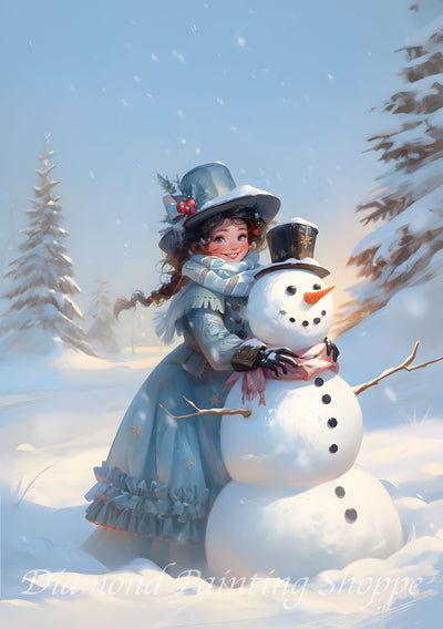 "Victorian girl in blue dress smiles beside a snowman in snowy woods, with snowfall and soft morning light in a vintage-style diamond painting"