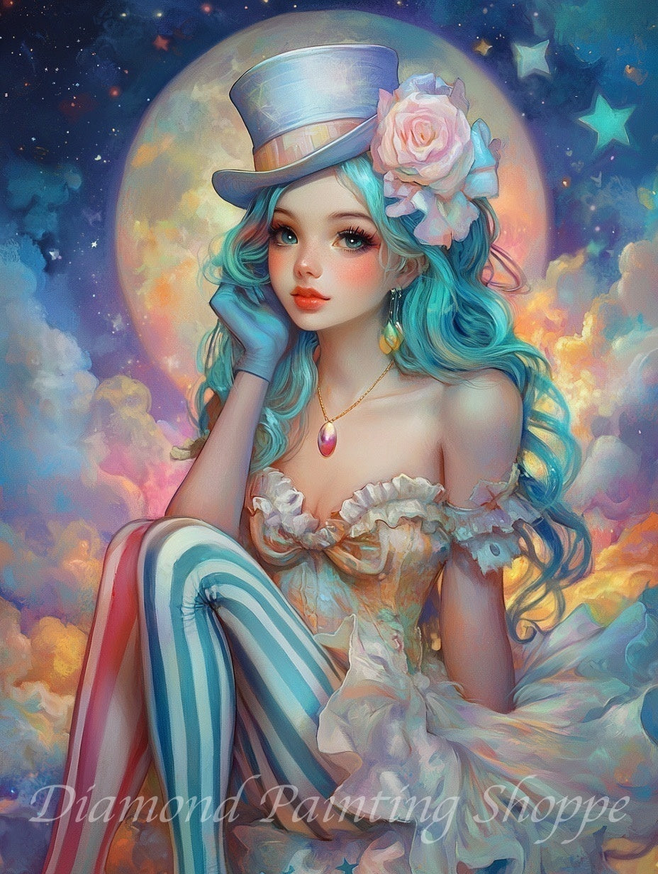 Diamond painting kit featuring a whimsical carnival princess with aqua blue hair, a pastel top hat adorned with a pink rose, striped leggings, and a ruffled dress, set against a dreamy, moonlit sky with stars and clouds.