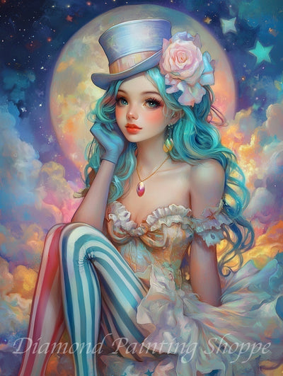 Diamond painting kit featuring a whimsical carnival princess with aqua blue hair, a pastel top hat adorned with a pink rose, striped leggings, and a ruffled dress, set against a dreamy, moonlit sky with stars and clouds.