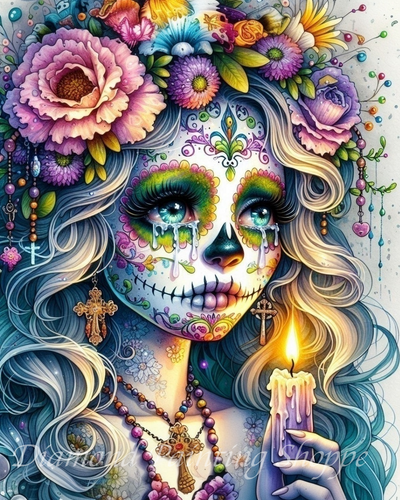 Diamond painting kit featuring a woman with sugar skull face paint, a colorful flower crown, and ornate jewelry, holding a glowing candle against a detailed floral background.