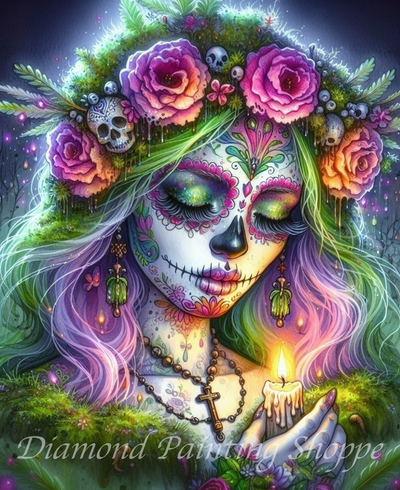 Diamond painting kit showing a serene woman with sugar skull face paint, floral and skull crown, and glowing candle, surrounded by lush garden leaves and colorful flowers.