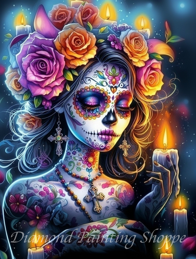 Diamond painting kit featuring a beautiful woman with sugar skull makeup and floral crown adorned with candles, surrounded by glowing candlelight and vibrant flowers.