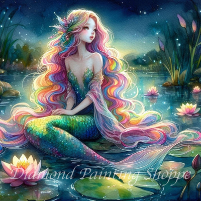 Beautiful mermaid with long rainbow hair sitting among glowing lotus flowers under a starry night sky — fantasy diamond painting artwork titled “Lyra of the Enchanted Lotus.”