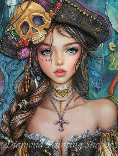 Diamond painting kit of a beautiful female pirate with bright blue eyes, skull-adorned hat, braided hair, and ornate jewelry, dressed in elaborate pirate attire.

