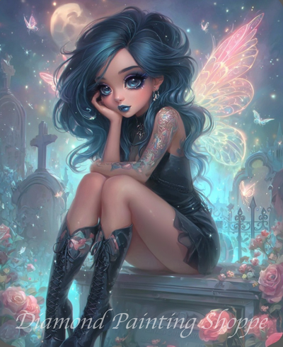 Diamond painting kit of a gothic fairy with dark blue hair, glowing wings, and tattoos, sitting among roses and gravestones in a moonlit, mystical cemetery.

