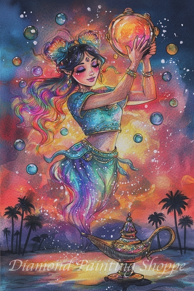 Colorful fantasy diamond painting of a radiant genie with flowing rainbow hair rising from a golden lamp against a sunset sky, surrounded by glowing orbs.