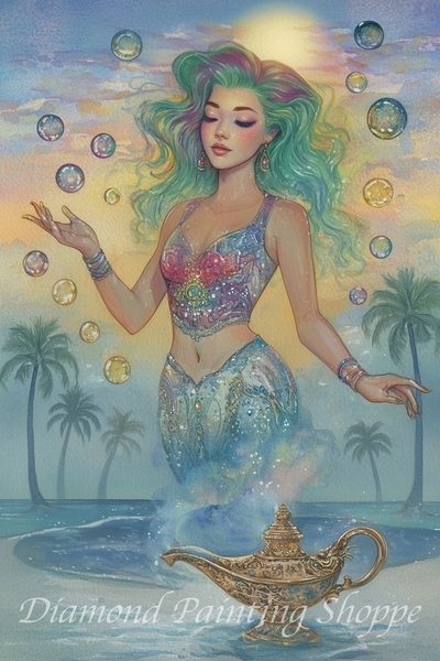 Diamond painting kit showing a radiant genie with flowing green and purple hair, sparkling jeweled clothing, and bubbles, emerging from an ornate golden lamp against a pastel sunset and palm trees.