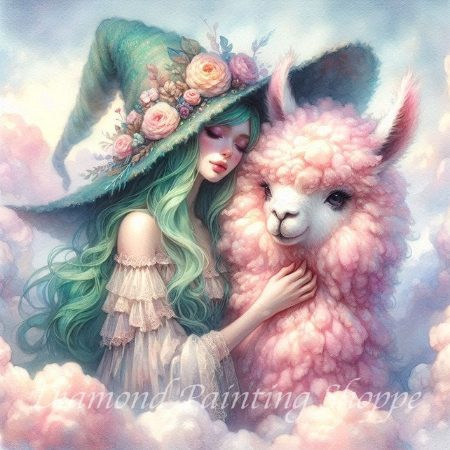 Diamond painting kit featuring a whimsical witch with green hair and a floral hat gently embracing a fluffy pink alpaca in a cloud-filled pastel dreamscape.

