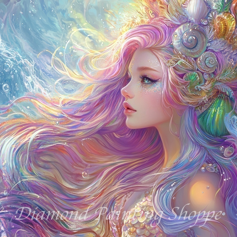 Diamond painting kit featuring a vibrant mermaid with pastel rainbow hair, adorned with seashells and pearls, set against a sparkling underwater background.

