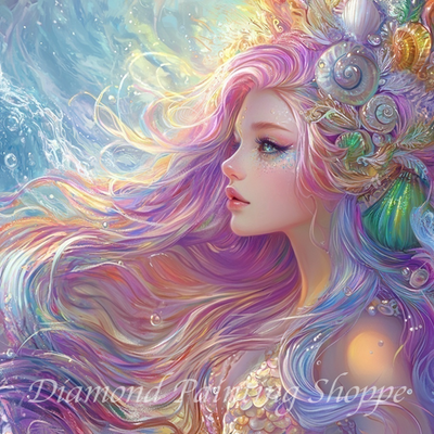 Diamond painting kit featuring a vibrant mermaid with pastel rainbow hair, adorned with seashells and pearls, set against a sparkling underwater background.


