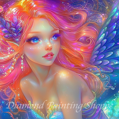 Diamond painting kit featuring a vibrant fairy with glowing rainbow hair, sparkling blue and purple wings, and dreamy fantasy details.



