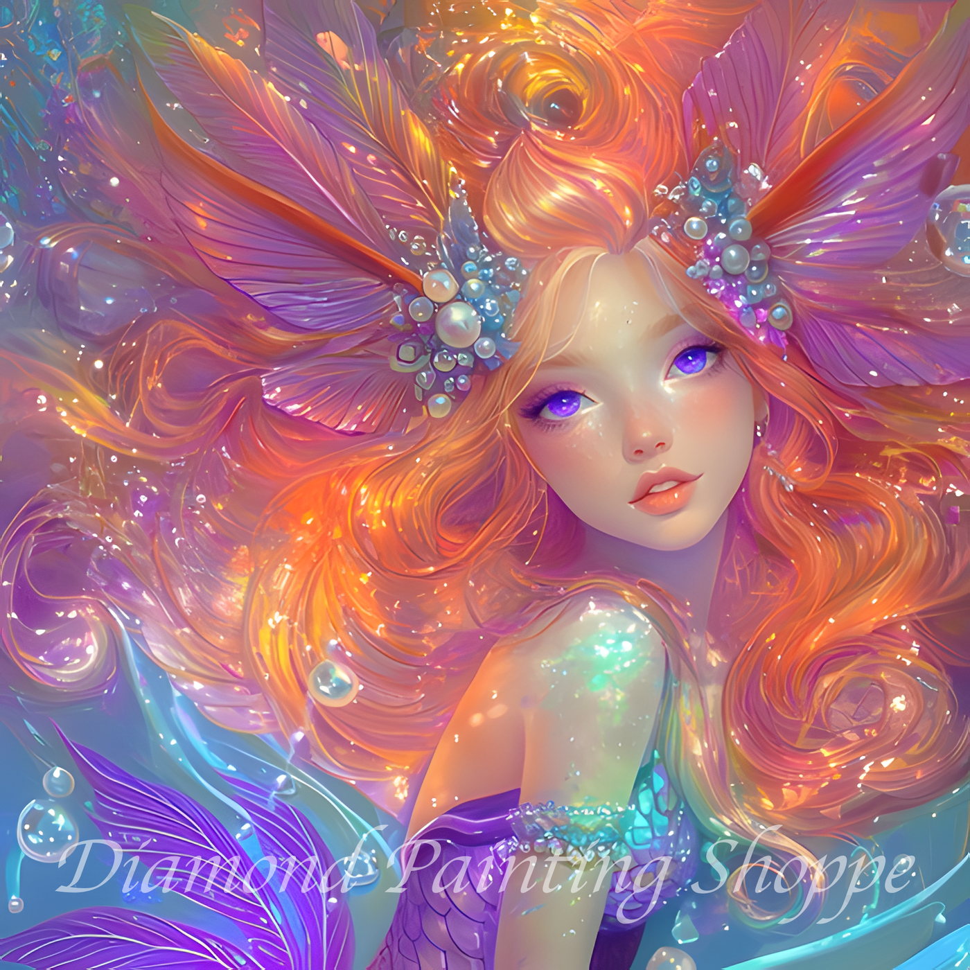 Diamond painting kit featuring a fantastical siren with long orange and violet hair, pearl and feather crown, shining purple eyes, and shimmering scales in a vibrant underwater scene.