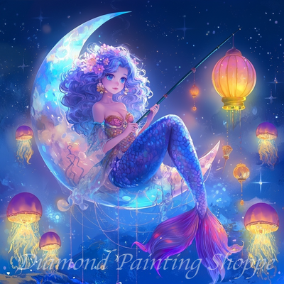 Diamond painting kit featuring a magical mermaid with blue curly hair and floral crown, sitting on a glowing crescent moon, fishing amid lanterns, jellyfish, and starlit skies in dreamy blues and purples.

