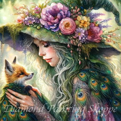 Diamond painting kit showing a green-haired forest enchantress in a flower-crowned hat and peacock-feathered cloak, gently holding a fox and sharing a magical moment in a sunlit woodland.

